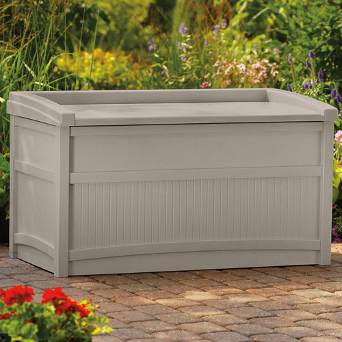 Suncast Outdoor 50 Gallon Resin Deck Box with Seat, Light Taupe