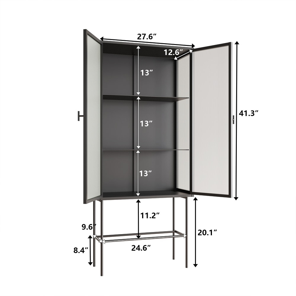 Retro Style Glass High Cabinet with Three Wide Enclosed Shelves