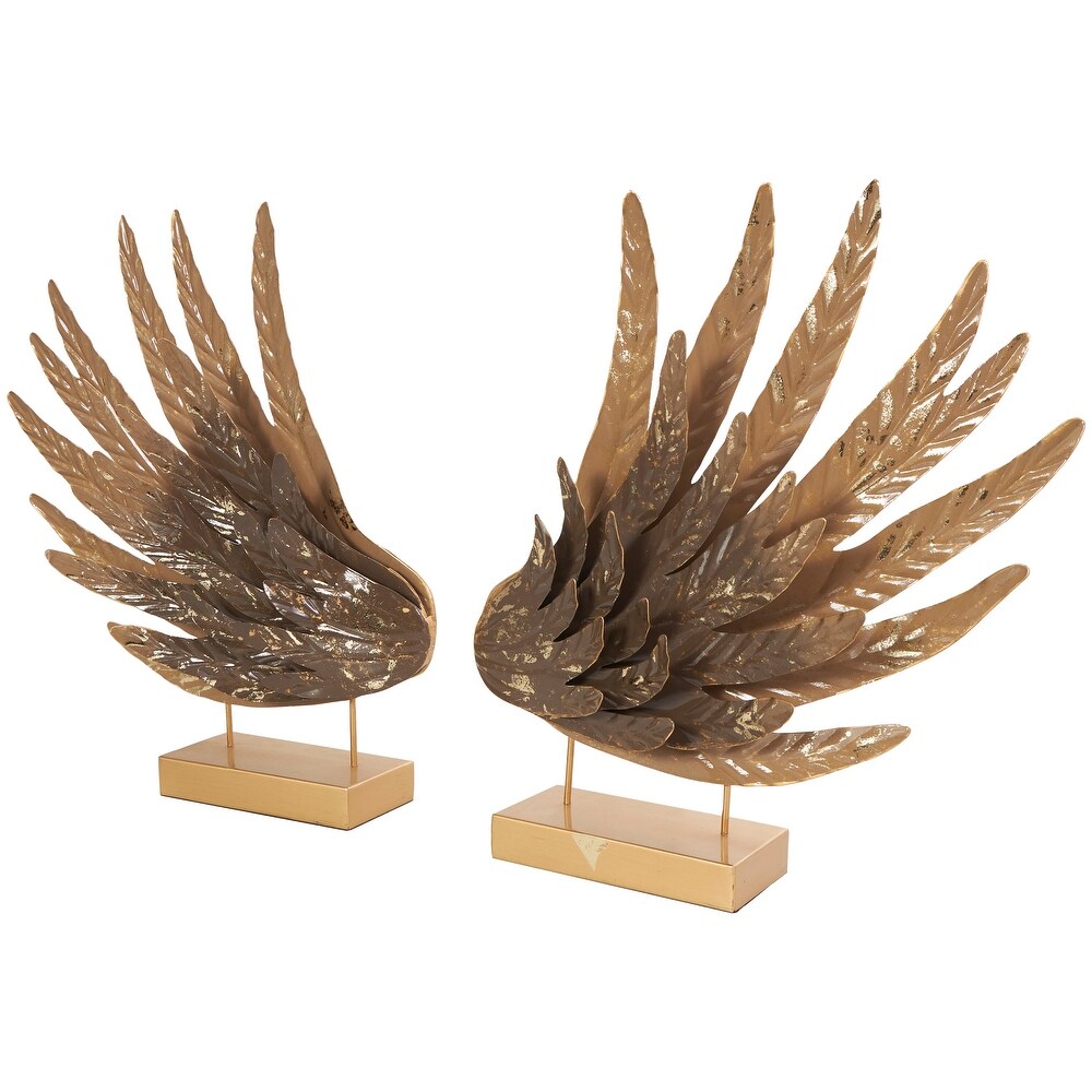 Gold Metal Wing Bird Sculpture with Gold Foil Accents and Stands (Set of 2)