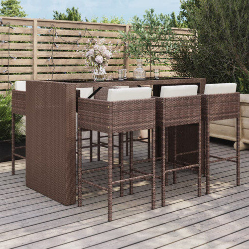 vidaXL Patio Bar Set 7 Piece Table and Stool with Cushions Brown Poly Rattan   Tropical   Outdoor Pub And Bistro Sets   by vidaXL LLC  Houzz