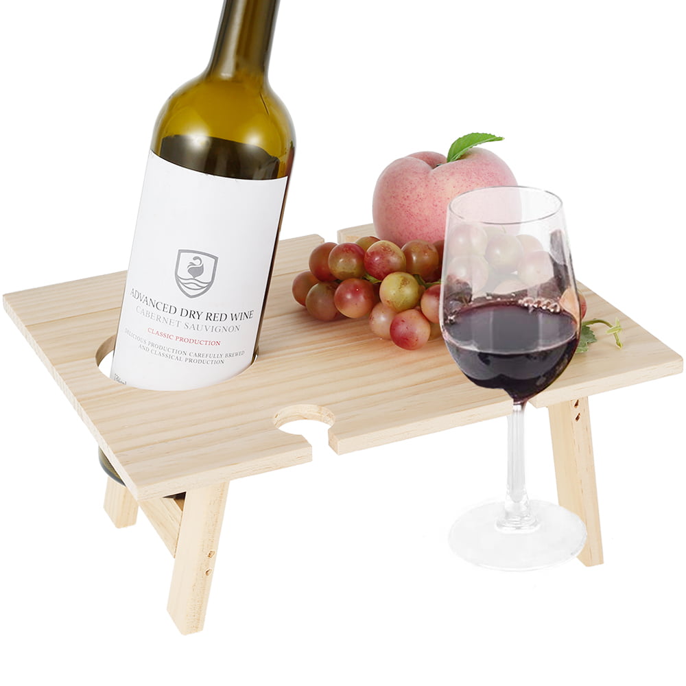 OROMYO Portable Wine Table Outdoor Folding Wine Table Wooden Wine and Champagne Picnic Table Mini Food Wine Table with Bottle and Glass Holder for Outdoor Camping Picnic Beach