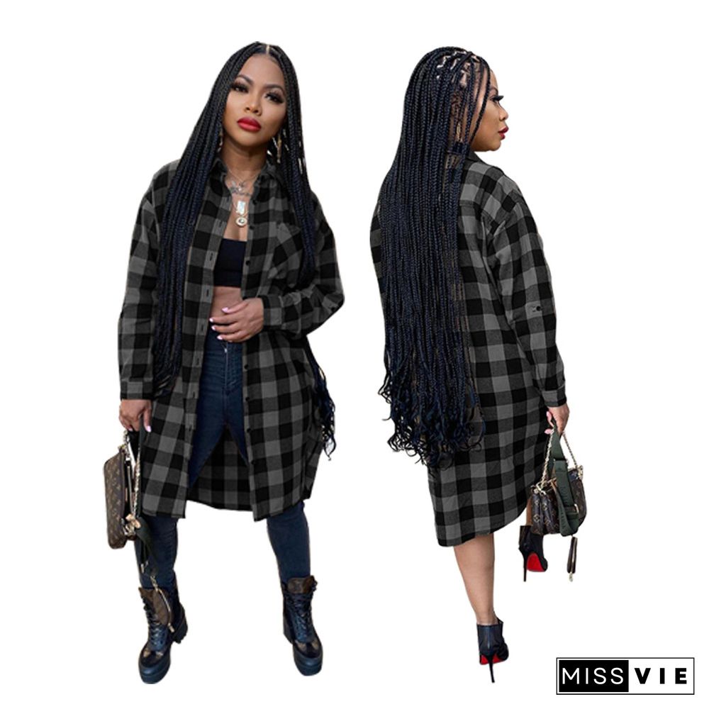 Plaid Print Long Sleeve Shirt Midi Dress