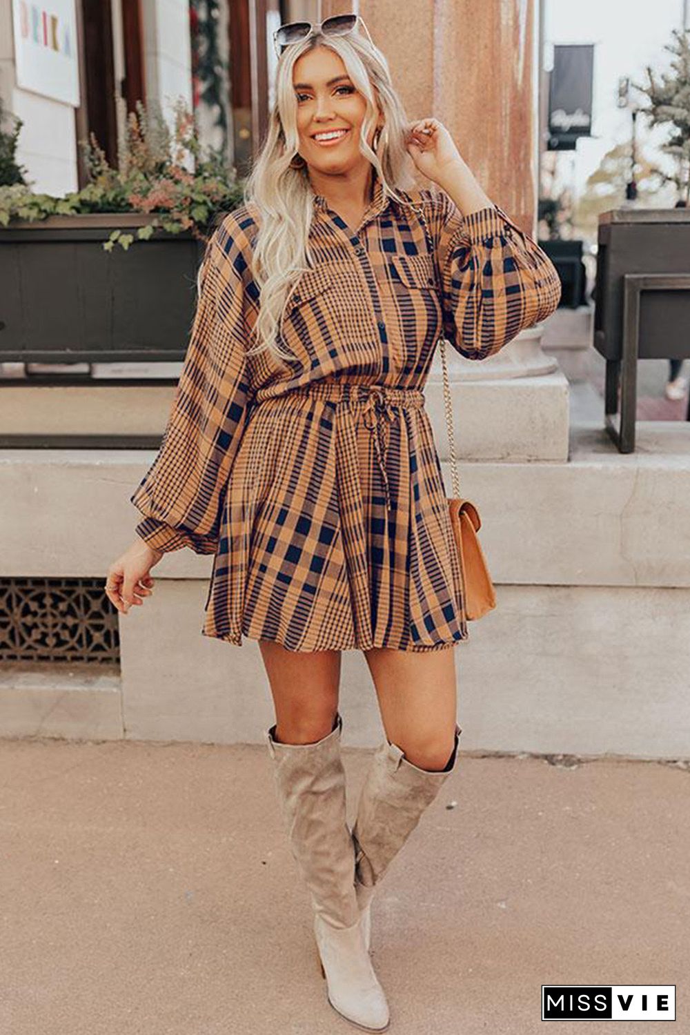 Orange Plaid Print Pocketed Drawstring High Waist Mini Dress