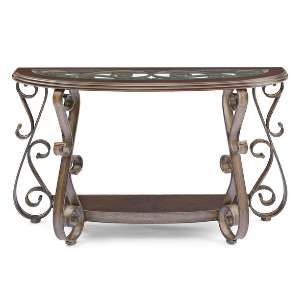 Console Table with Glass Table Top and Powder Coat Finish Metal Legs for Living Room Bedroom ，Dark Brown