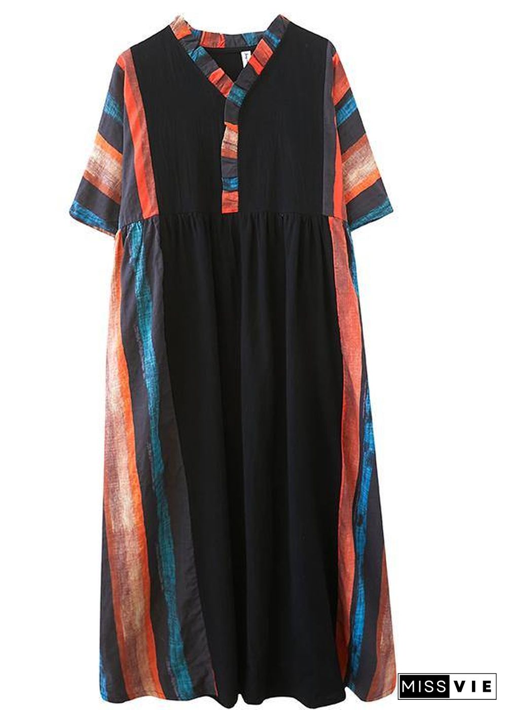 Women V Neck Patchwork Summer Dress Outfits Multicolor Striped Maxi Dress