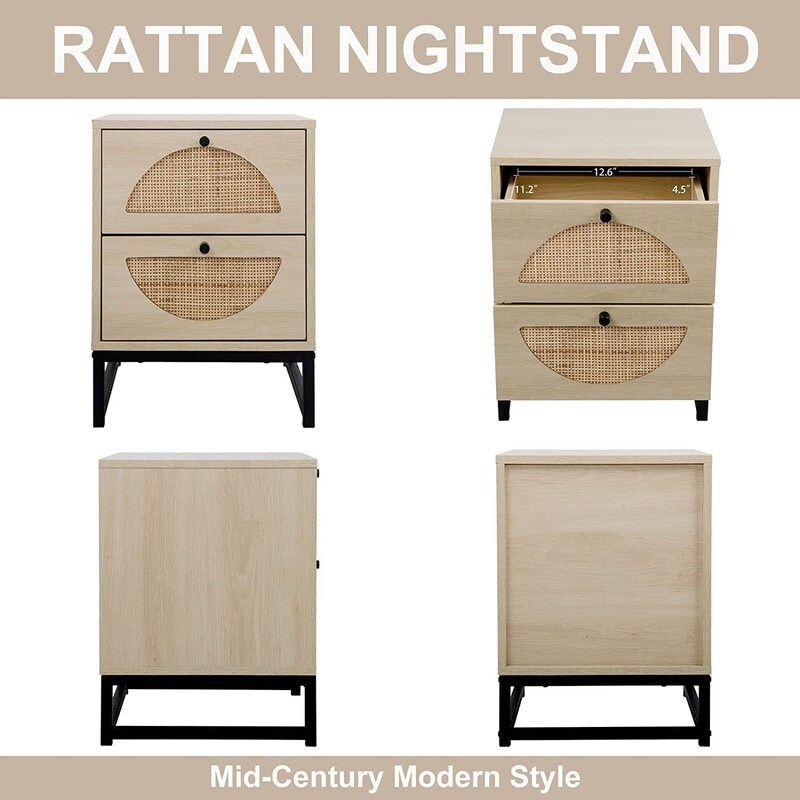 Modern Minimalism Rattan Nightstand  Wood Bedside Table with Two Drawers  Boho End Table  Side Table for Living Room  Bedroom