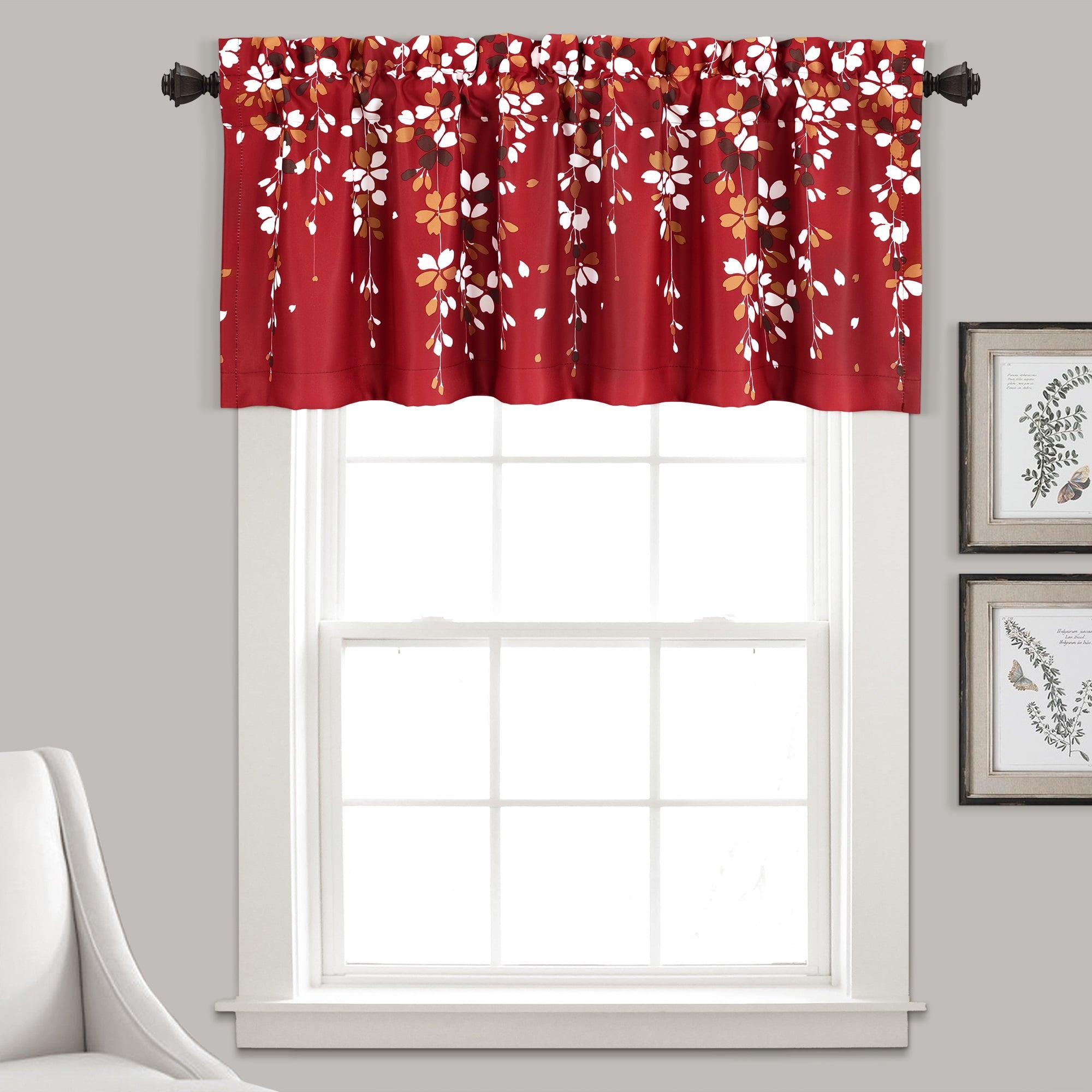 Lush Decor Weeping Flower Room Darkening 18" x 52" + 2" Header Floral Red 3" Rod Pocket Single Valance