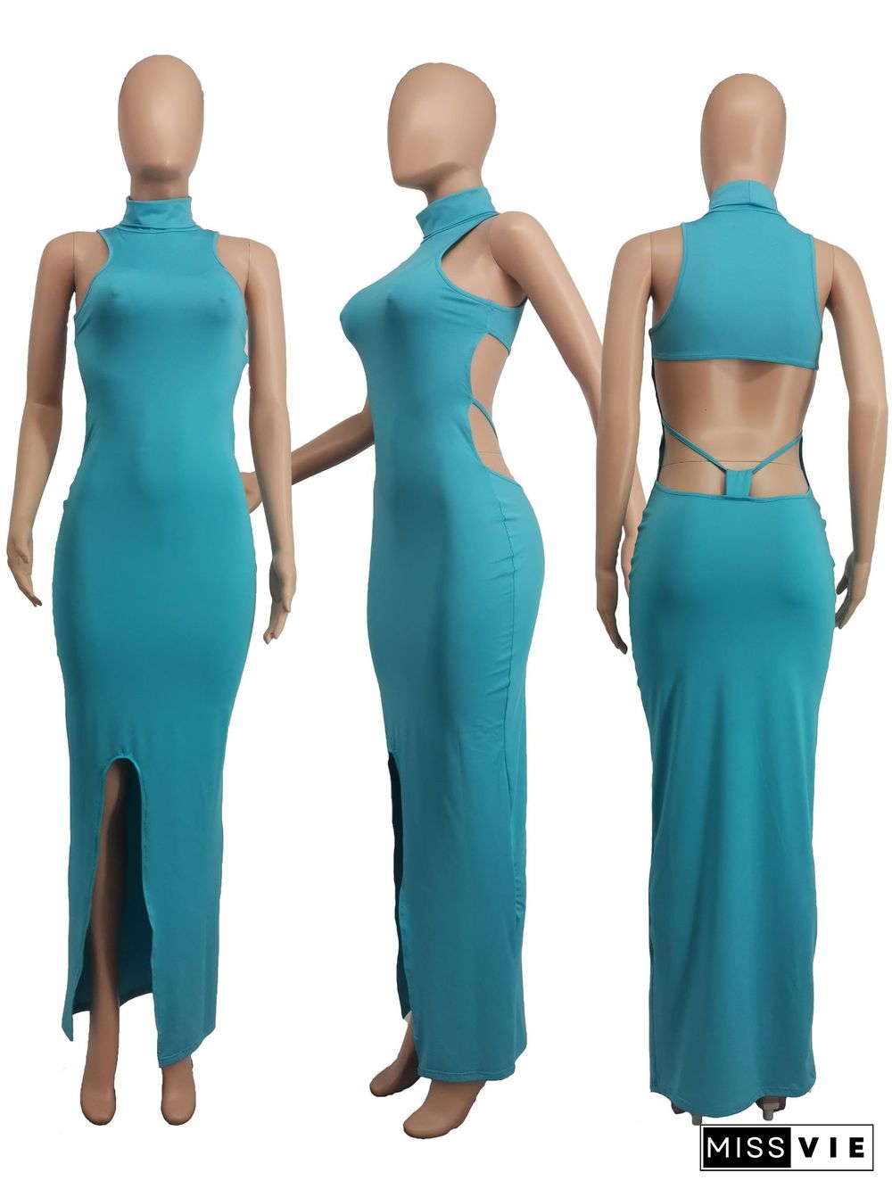 Solid Color Turtleneck Sleeveless Sexy Hollow Out Backless High Waist Skinny Split Party Long Dress