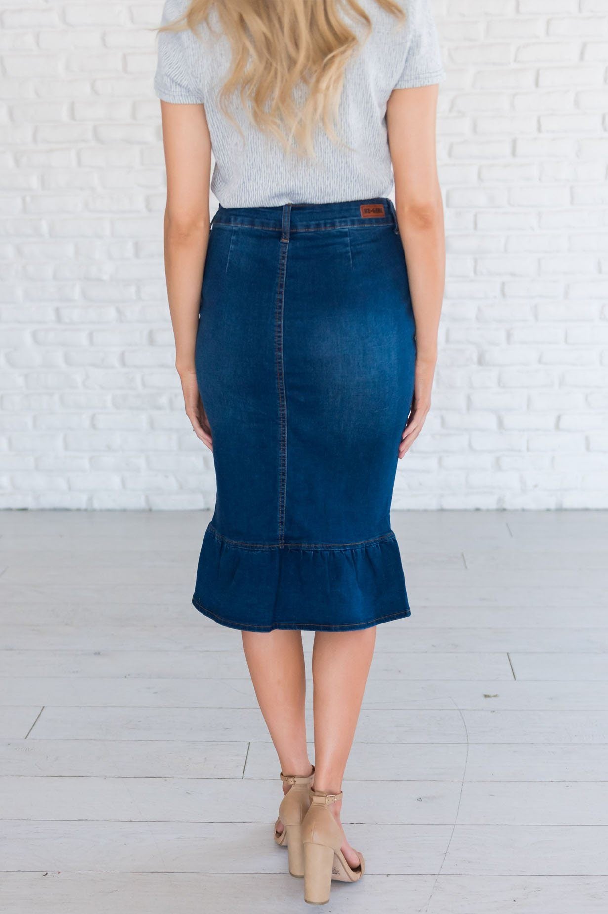 Dark Wash Denim Ruffle Hem Pencil Skirt