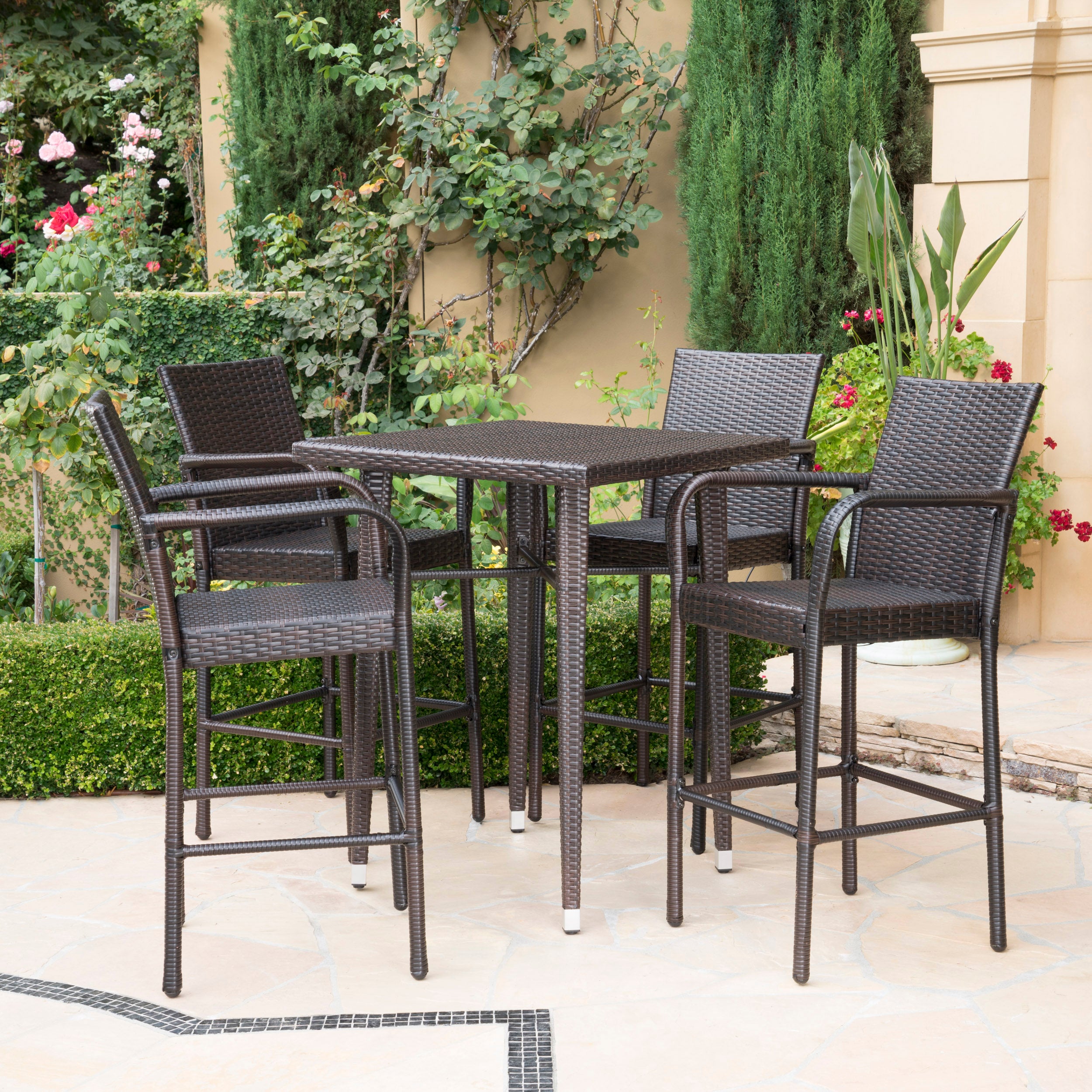 Valkyrien Outdoor 5 Piece Multi-brown Wicker Square Bar Table Set