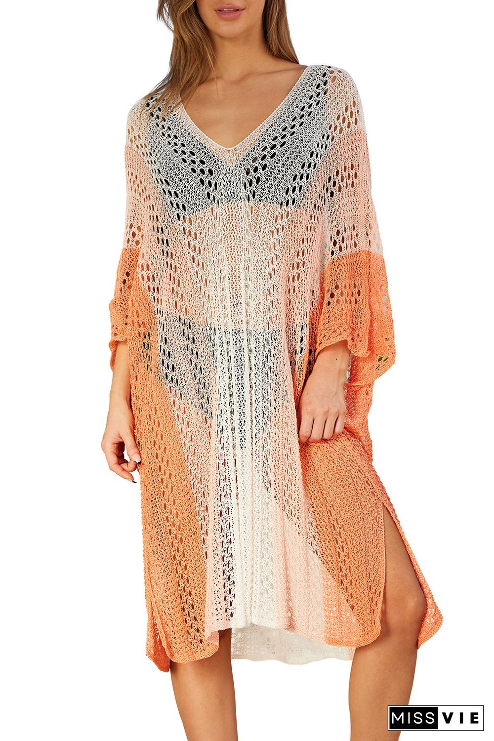 Orange Colorblock Hollow Out Batwing Sleeve Cover Up Beach Dress