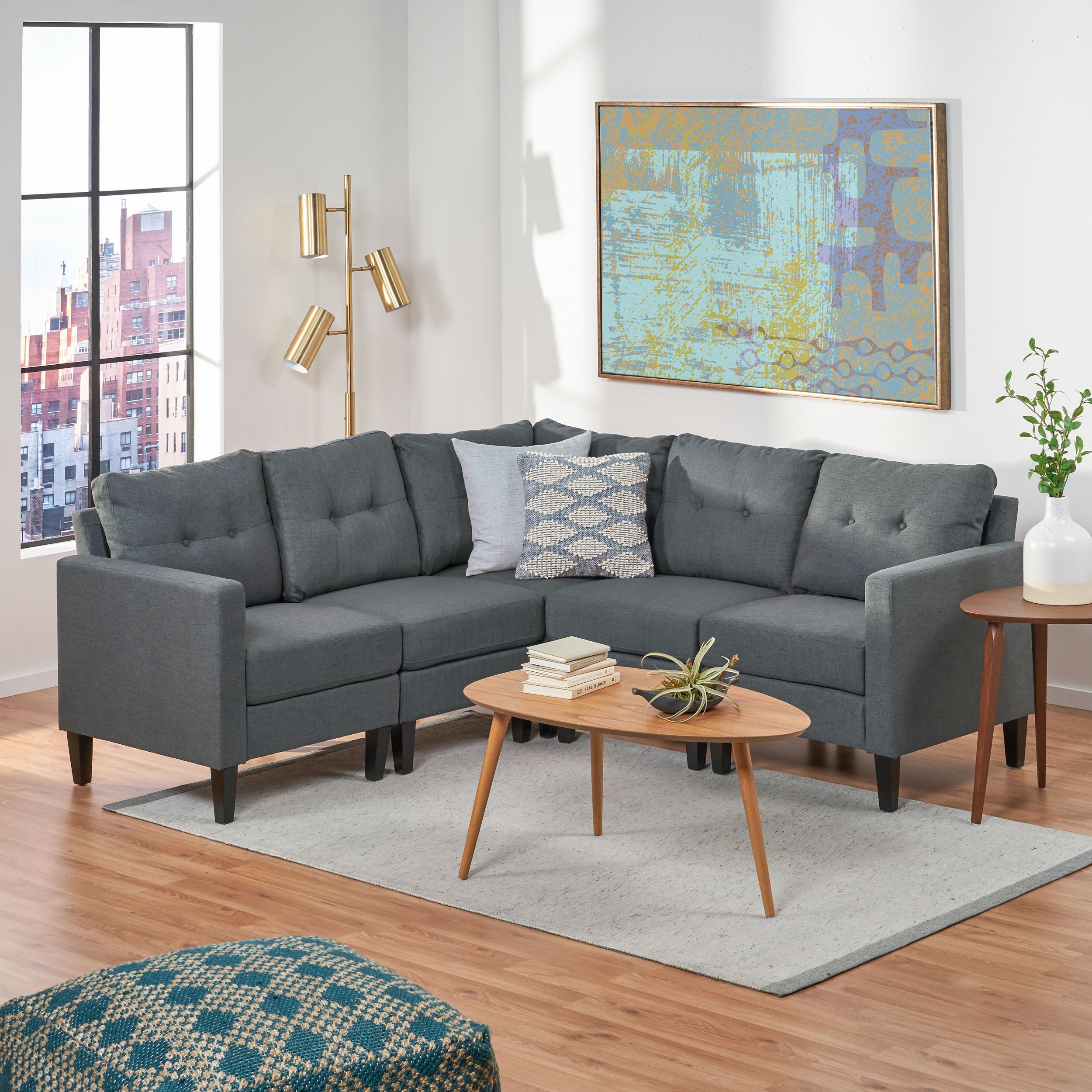 Niya Mid Century Modern 5 Piece Fabric Sectional Sofa