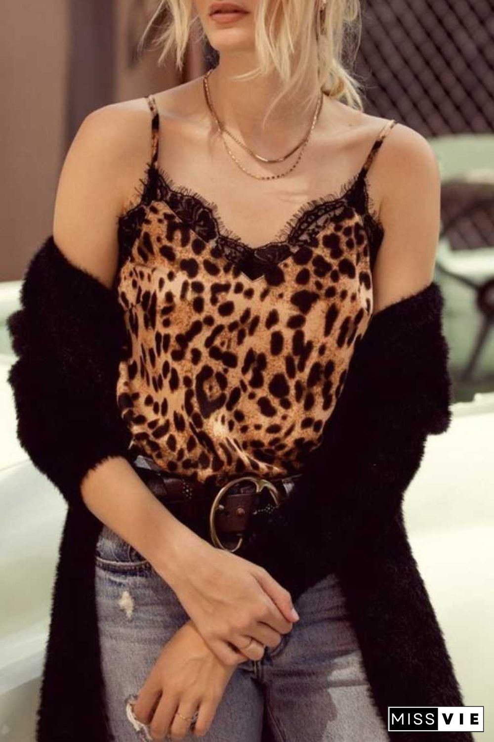 Retro Print Snake Leopard Lace Cami Tank Spaghetti Top