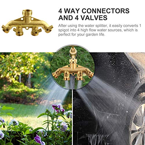 RIFFUE Garden Hose Splitter 4 Way Heavy Duty Brass Hose Spigot Adapter with 4 Valves， Hose Connector 3/4