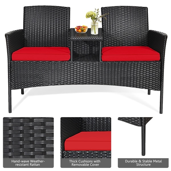 Gymax Rattan Wicker Patio Conversation Set w/ Table Red Cushion