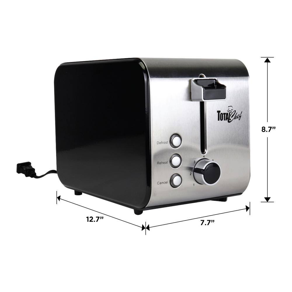 Total Chef 2 Slice Compact Wide Slot Toaster 7 Shade Settings Defrost and Reheat Stainless Steel TCT02