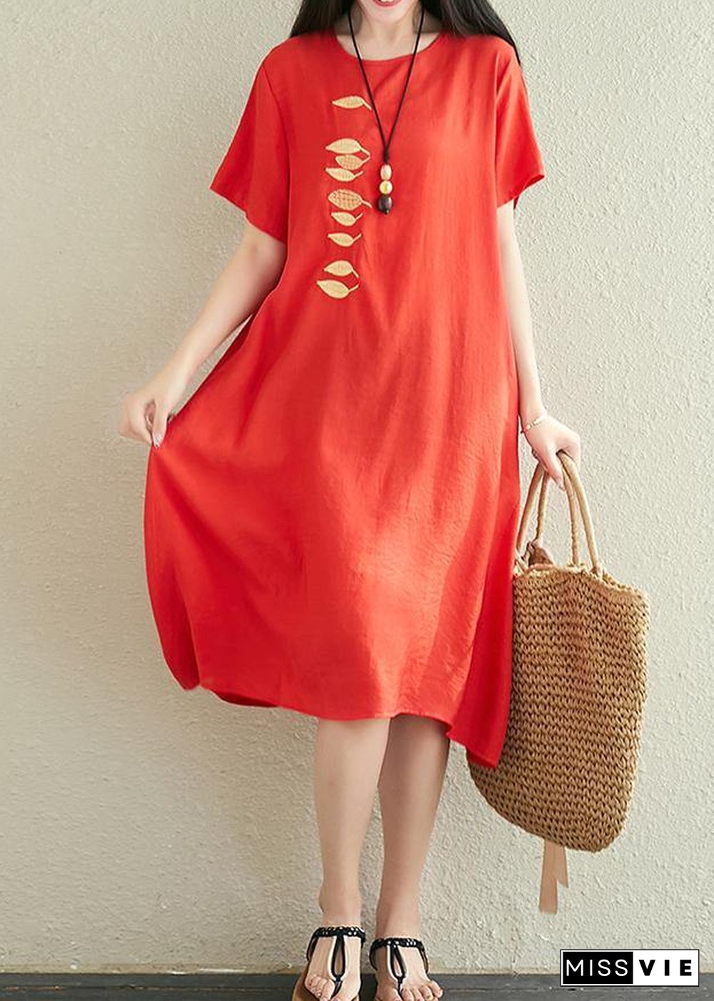 Modern red linen dress o neck embroidery Midi summer Dress