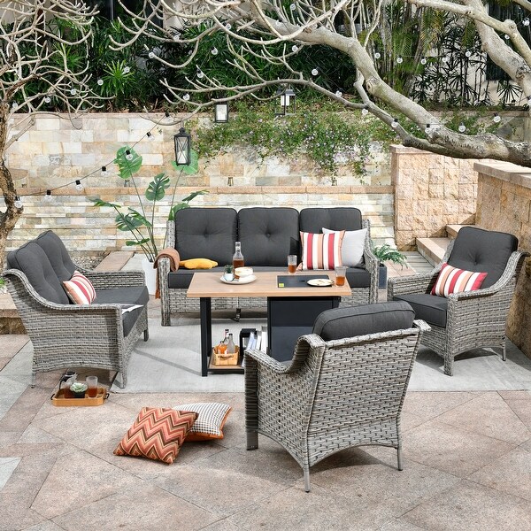 OVIOS 5piece Patio Wicker Conversation Set With Fire Table