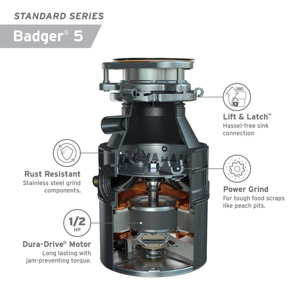 InSinkErator Badger 5 Lift  Latch Standard Series 12 HP Continuous Feed Garbage Disposal BADGER 5