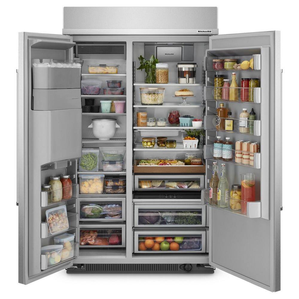 KitchenAid 48 in. W 29.4 cu. ft. Built-In Side by Side Refrigerator in Stainless Steel with PrintShield Finish KBSD708MPS