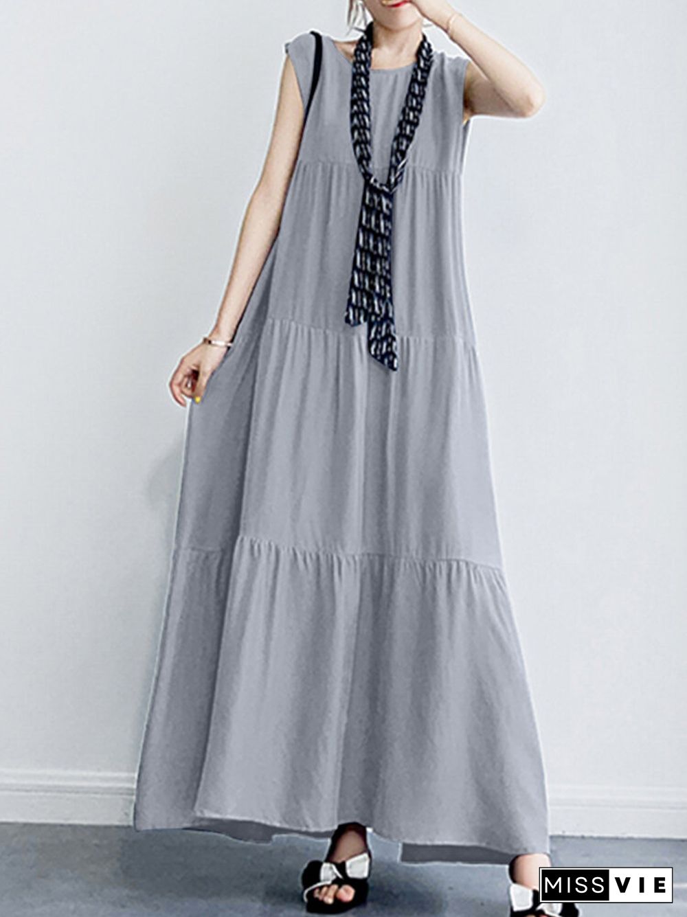 Solid Ruffle Sleeveless Vacation Casual Maxi Dress