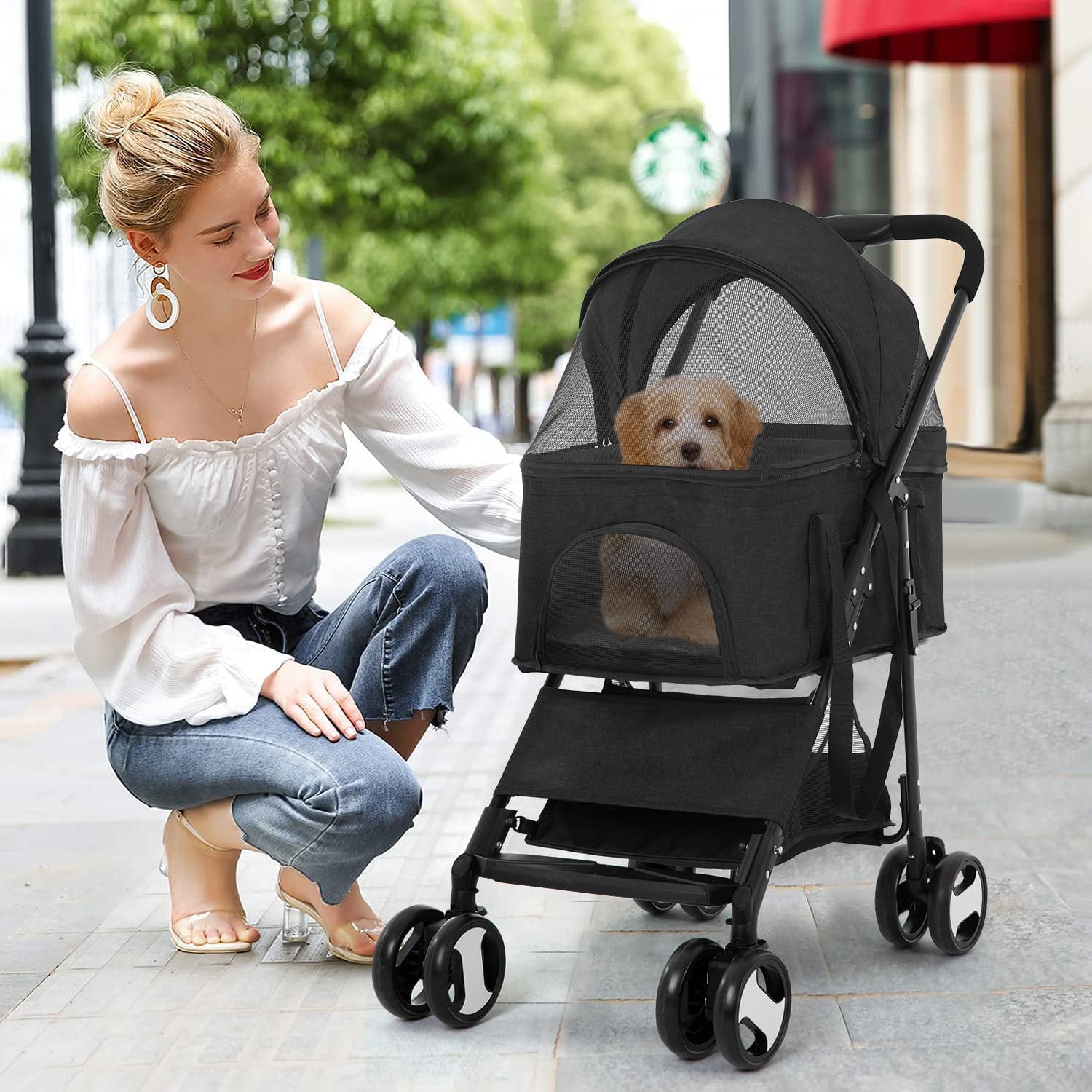 Dkeli 4 Wheels Dog Stroller Folding Pet Stroller Cat Stroller for Medium Dogs with Detachable Carrier， Black