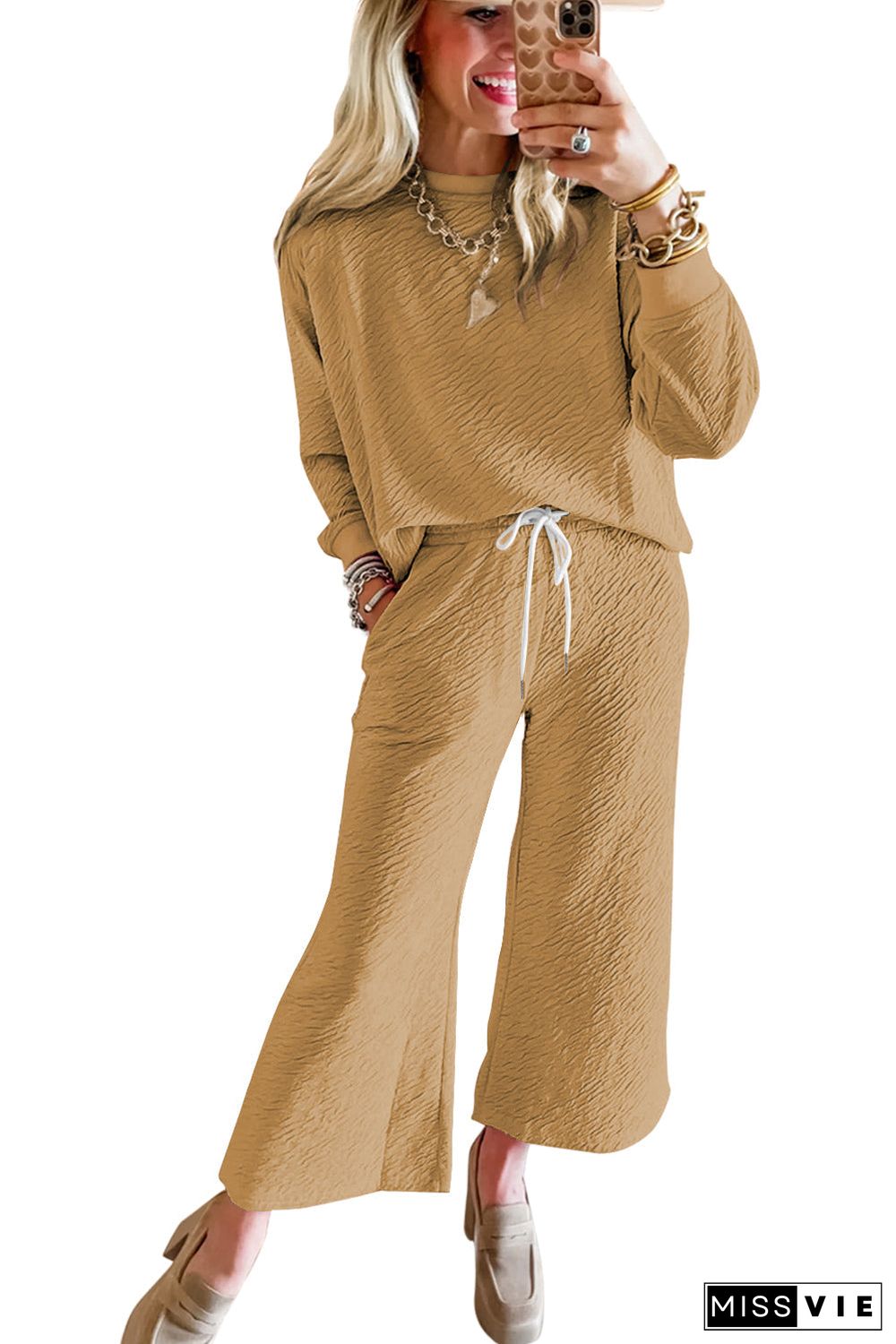 Light French Beige Textured Long Sleeve Top Drawstring Pants Set