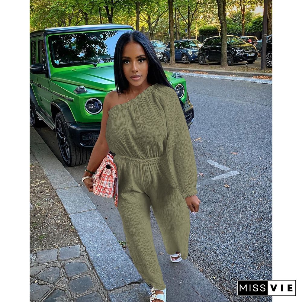 One Shoulder Long Sleeve Loose Wide Leg Jumpsuit