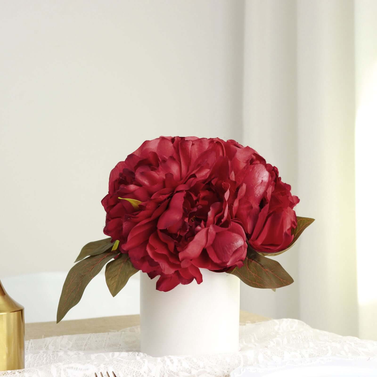 2 Bushes Burgundy Artificial Silk Peony Flower Bouquets, Real Touch Peonies Spray 17