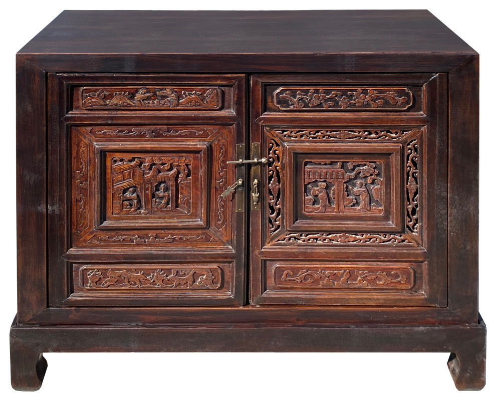 Chinese Brown Scenery Relief Carving Panel Doors Side Table Cabinet Hcs7430   Asian   Side Tables And End Tables   by Golden Lotus Antiques  Houzz