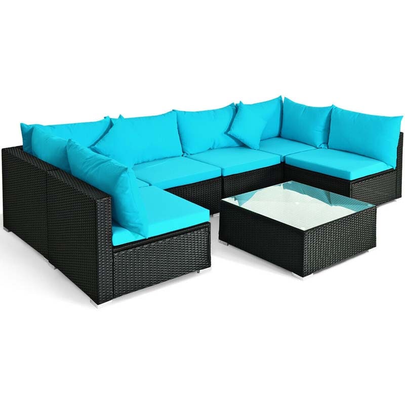 7 Pcs Rattan Patio Furniture Sectional Sofa Set Outdoor Wicker Conversation Set with Back & Seat Cushions Pillows