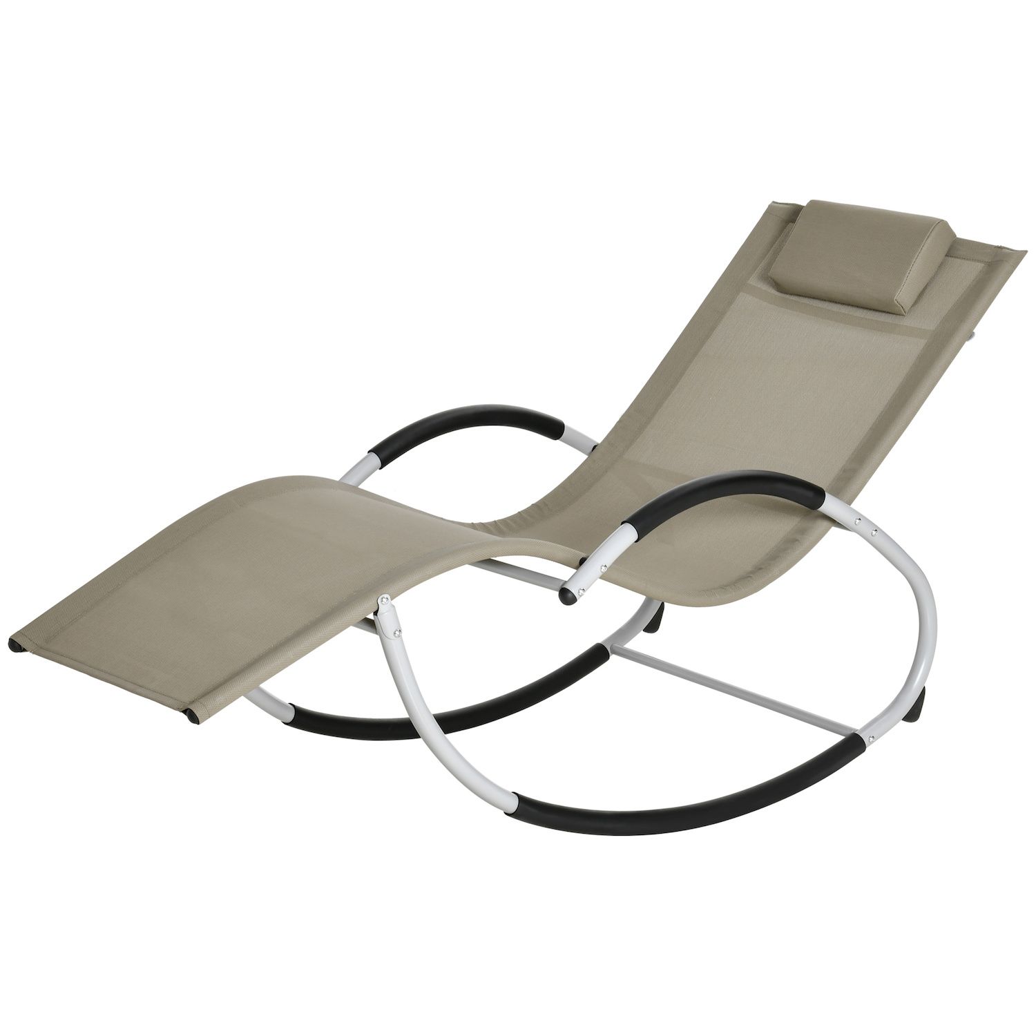 Outsunny Rocking Chair Patio Chaise Garden Sun Lounger Outdoor Reclining Rocker Lounge Chair with Pillow for Lawn Patio or Pool Beige