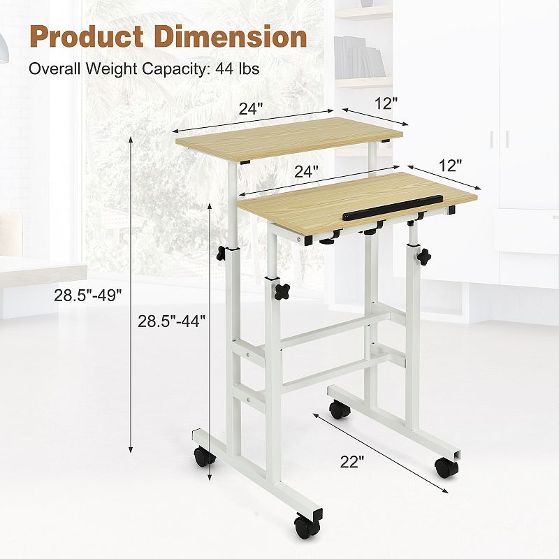 Height Adjustable Mobile Standing Desk with Rolling Wheels for Office and Home