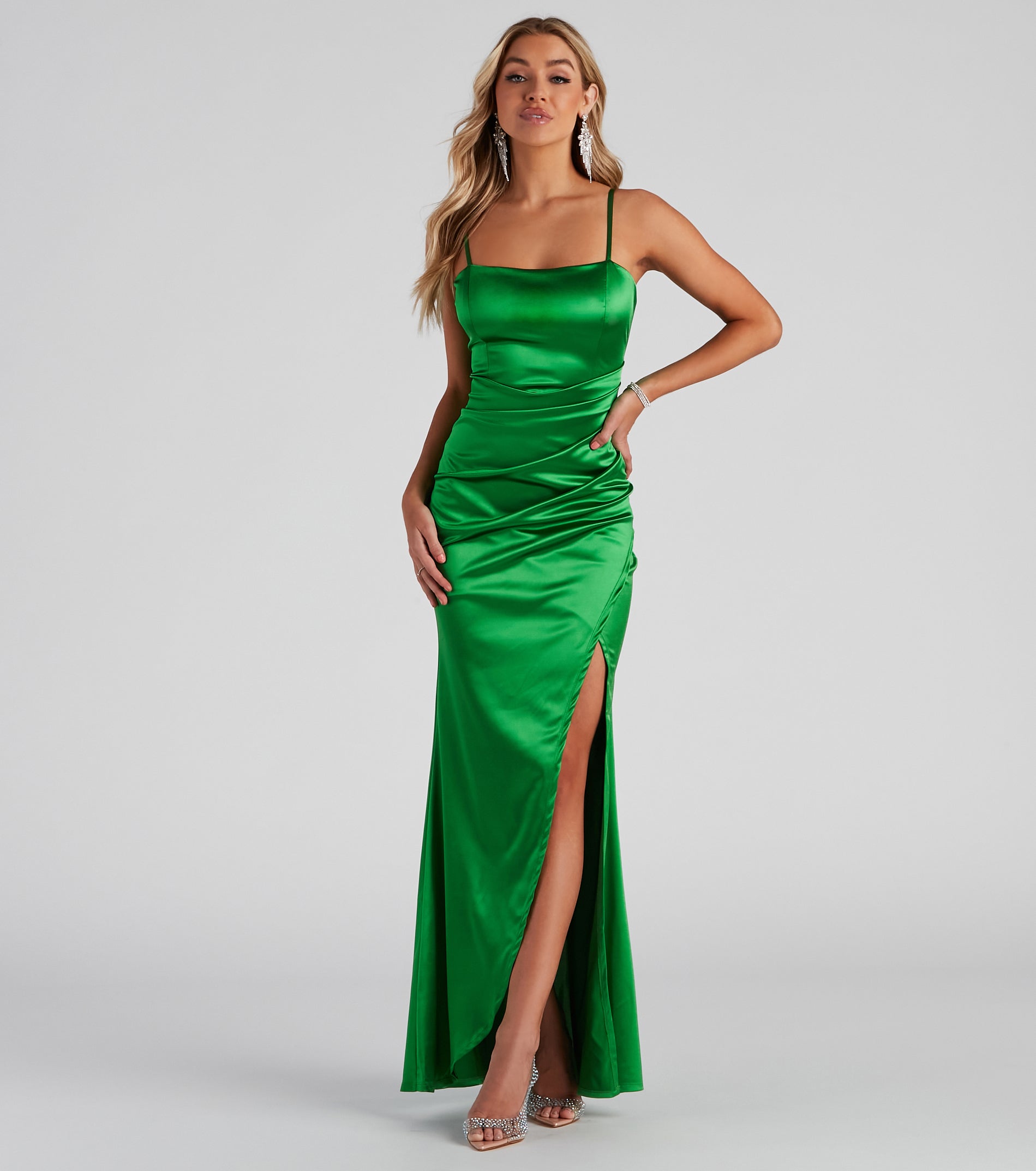 Evie Formal Ruched Satin Sleeveless Dress