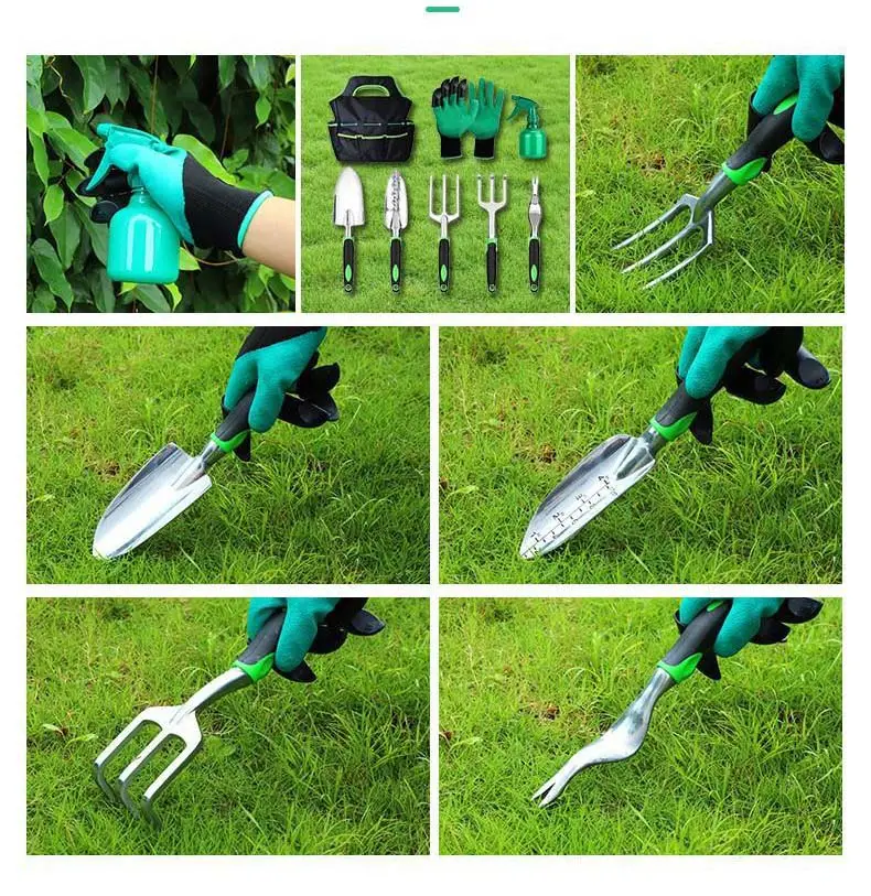 Wholesales 7 in 1 Aluminum Gardening Hand Tools Set Kit Shovel Fork Rake Weeder with Storage Tote Bag for Transplanting Digging