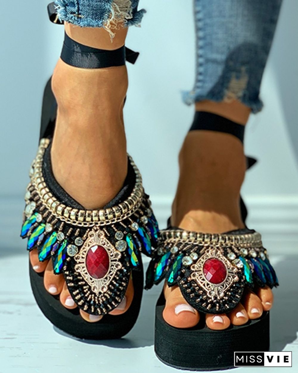 Studded Rhinestone Toe Post Wedge Sandals