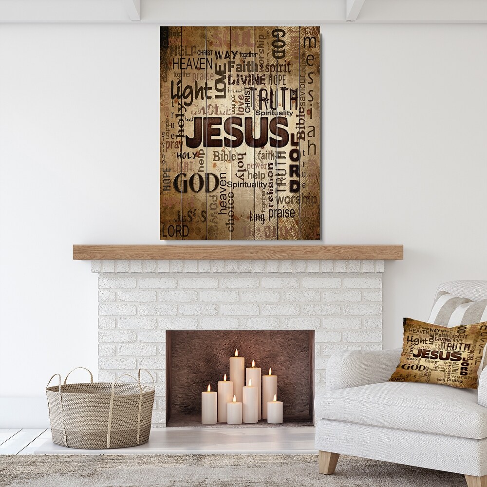 Designart 'Jesus' word cloud in grunge background' Religious Contemporary Print on Natural Pine Wood   Brown