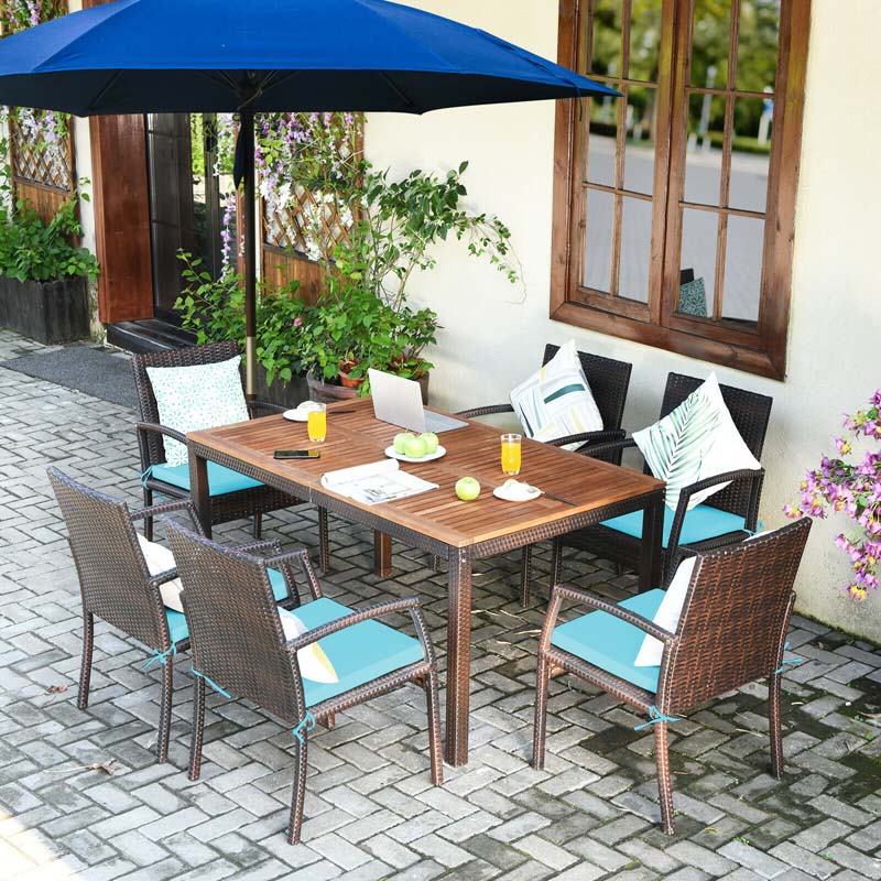 7 Pcs Rattan Patio Dining Set with Umbrella Hole, Acacia Wood Tabletop, Cushioned Chairs