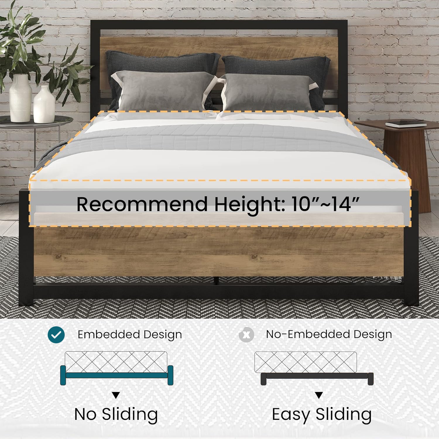 Bed Frame with Wooden Headboard & 13 Strong Metal Slats Supports Bed Frame Heavy Platform Metal