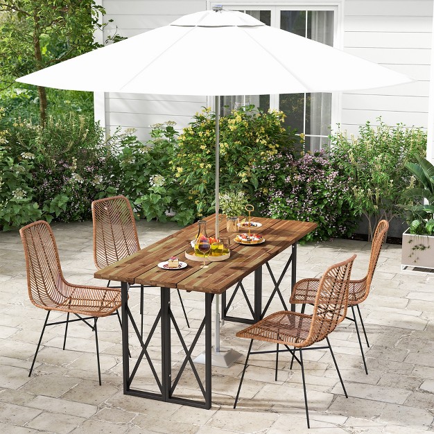 Costway 67 x27 x27 Patio Rectangle Table Heavy duty Acacia Wood Dining Table With Umbrella Hole