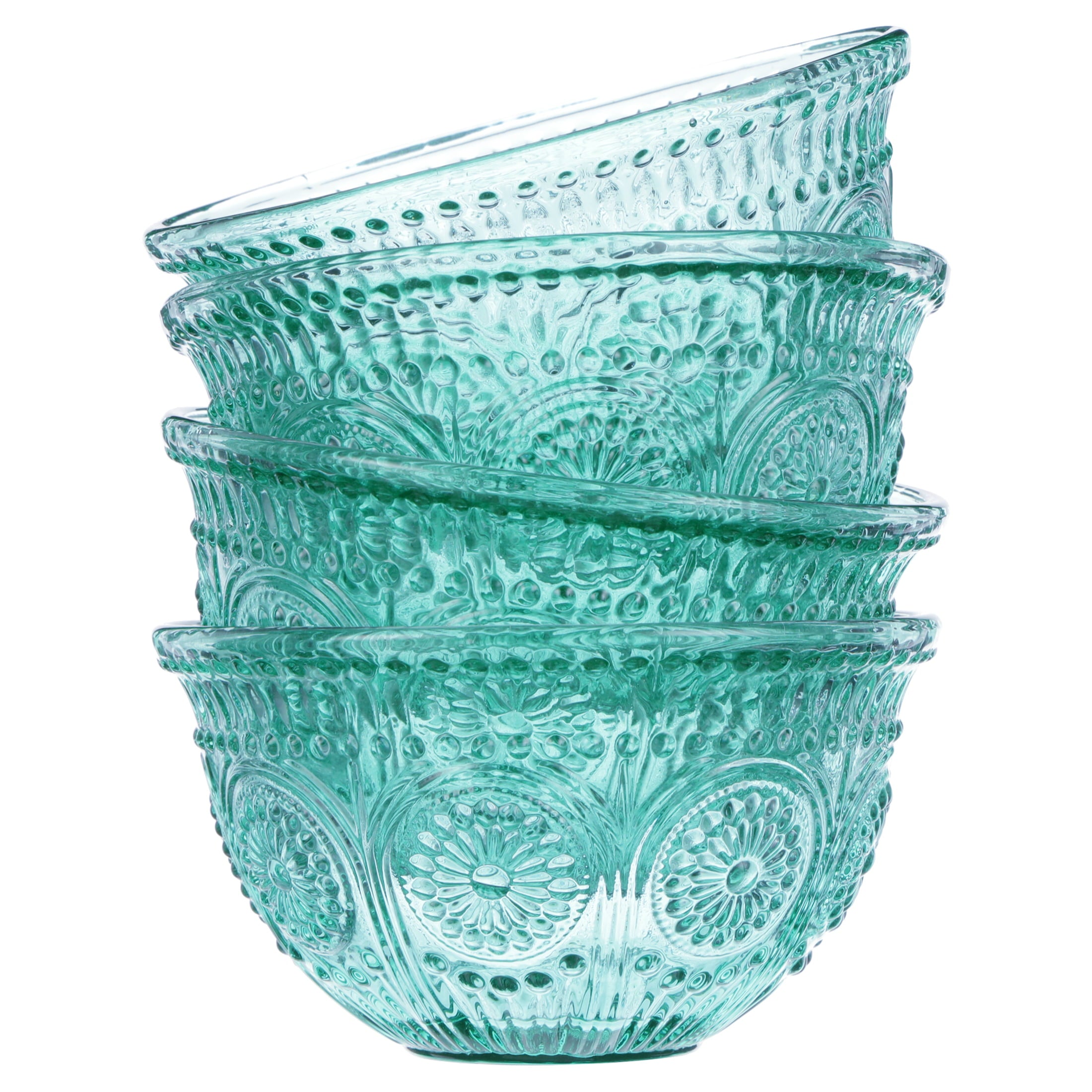 The Pioneer Woman Adeline 4-Piece 13-Ounce Embossed Glass Bowl Set， Teal