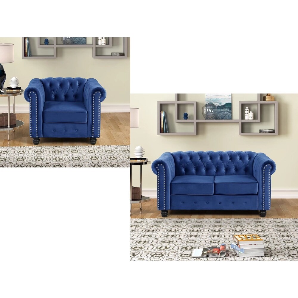 Morden Fort Classic Tufted Upholstered Chesterfield Chair  Loveseat 2 PCS for Living Room  Fabric  Velvet