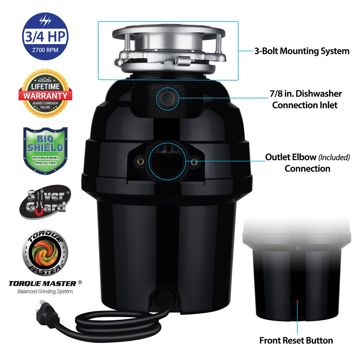 Eco Logic 3/4 HP Garbage Disposal with Polished Chrome Sink Flange 10-US-EL-9-DS-3B-PC