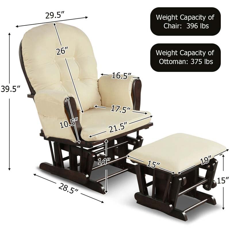 Glider Rocking Chair & Ottoman Set Solid Wood Baby Rocker Nursery Chair With Padded Cushions & Pockets