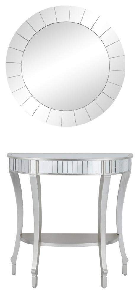 Elegant Console Table With Round Wall Mirror  Curved Legs  ampLower Shelf  Silver   Transitional   Console Tables   by Decor Love  Houzz