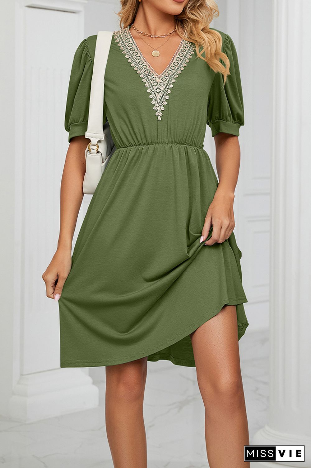 V Neck Lace Edge Pockets T-Shirt Dress