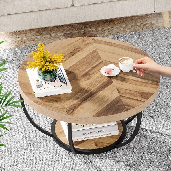 Round Coffee Table， Modern 2-Tier Center Table - Wood