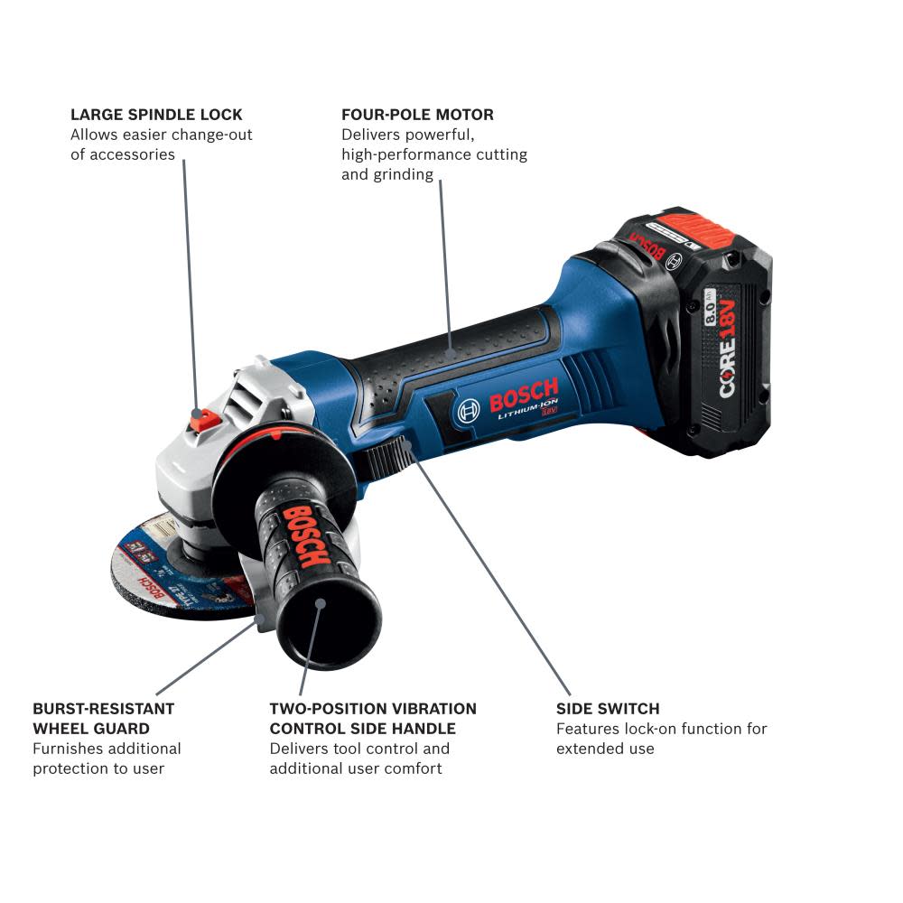 Bosch 18V 4 1/2 Angle Grinder Kit with 1 CORE18V 4Ah Compact Battery