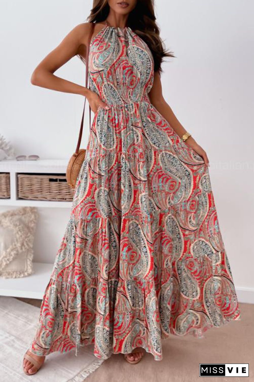 Fashion Print Split Joint Halter Waist Skirt Dresses