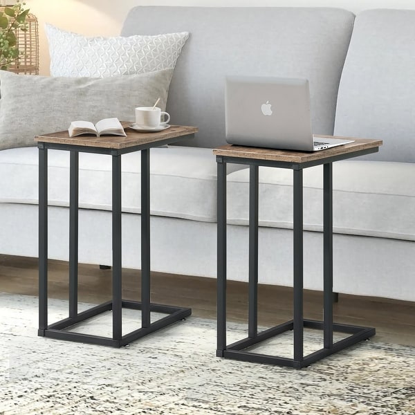 Modern Snack Table C-shaped Side End Table Set of 2，Brown/Black/Grey Sofa Table